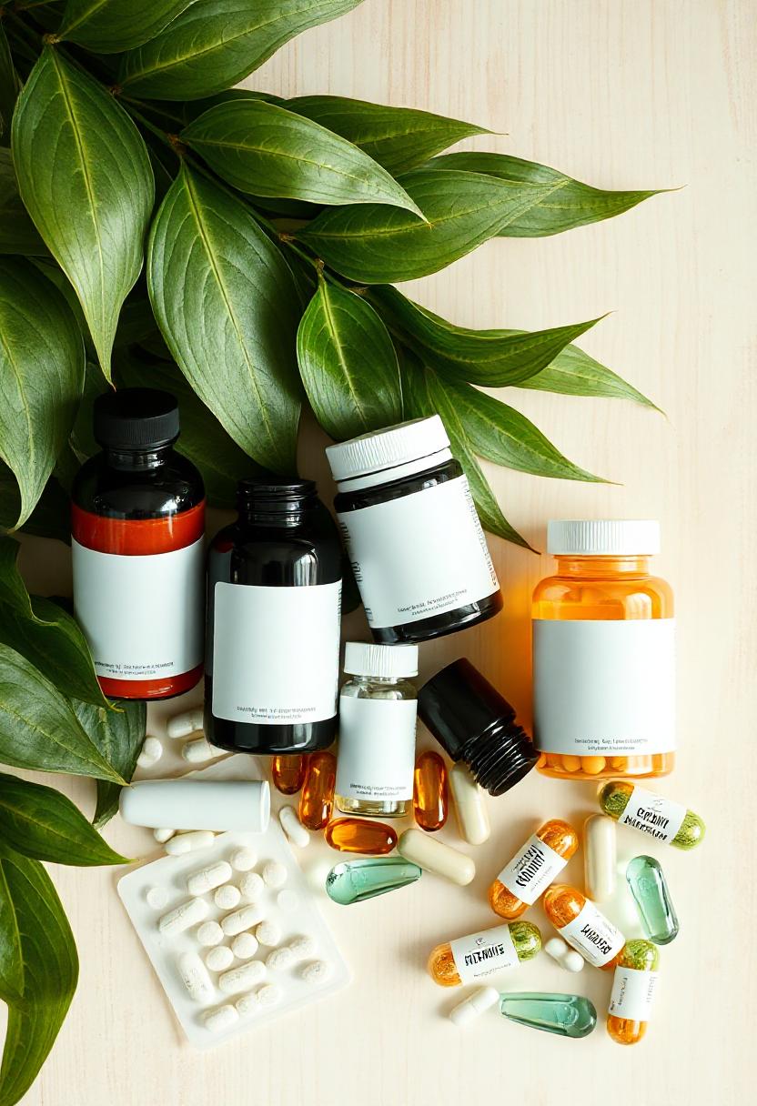 Herbal supplements and pills on a wooden surface Herbal supplements and pills on a wooden surface