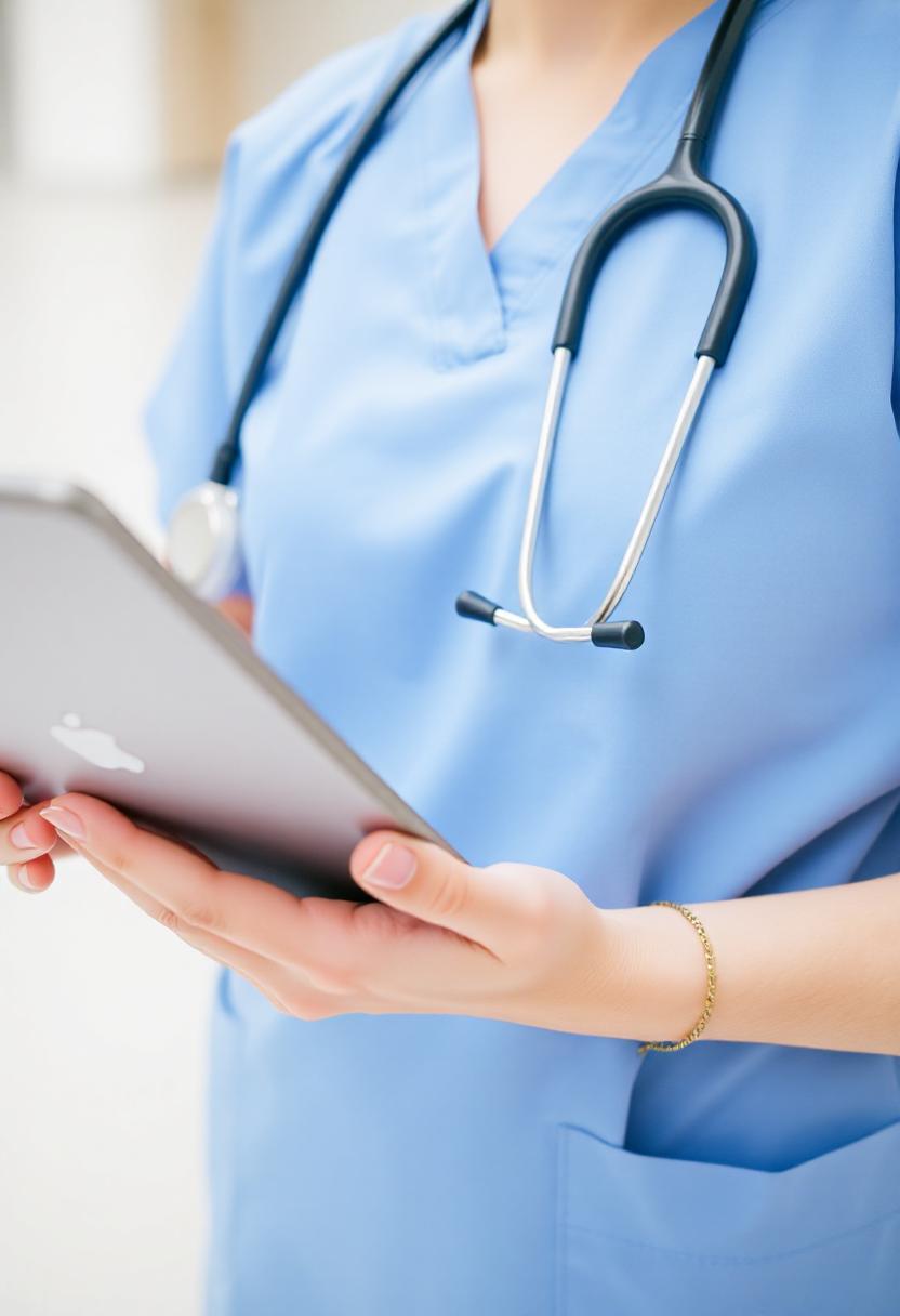 A doctor uses a tablet while wearing a stethoscope A doctor uses a tablet while wearing a stethoscope