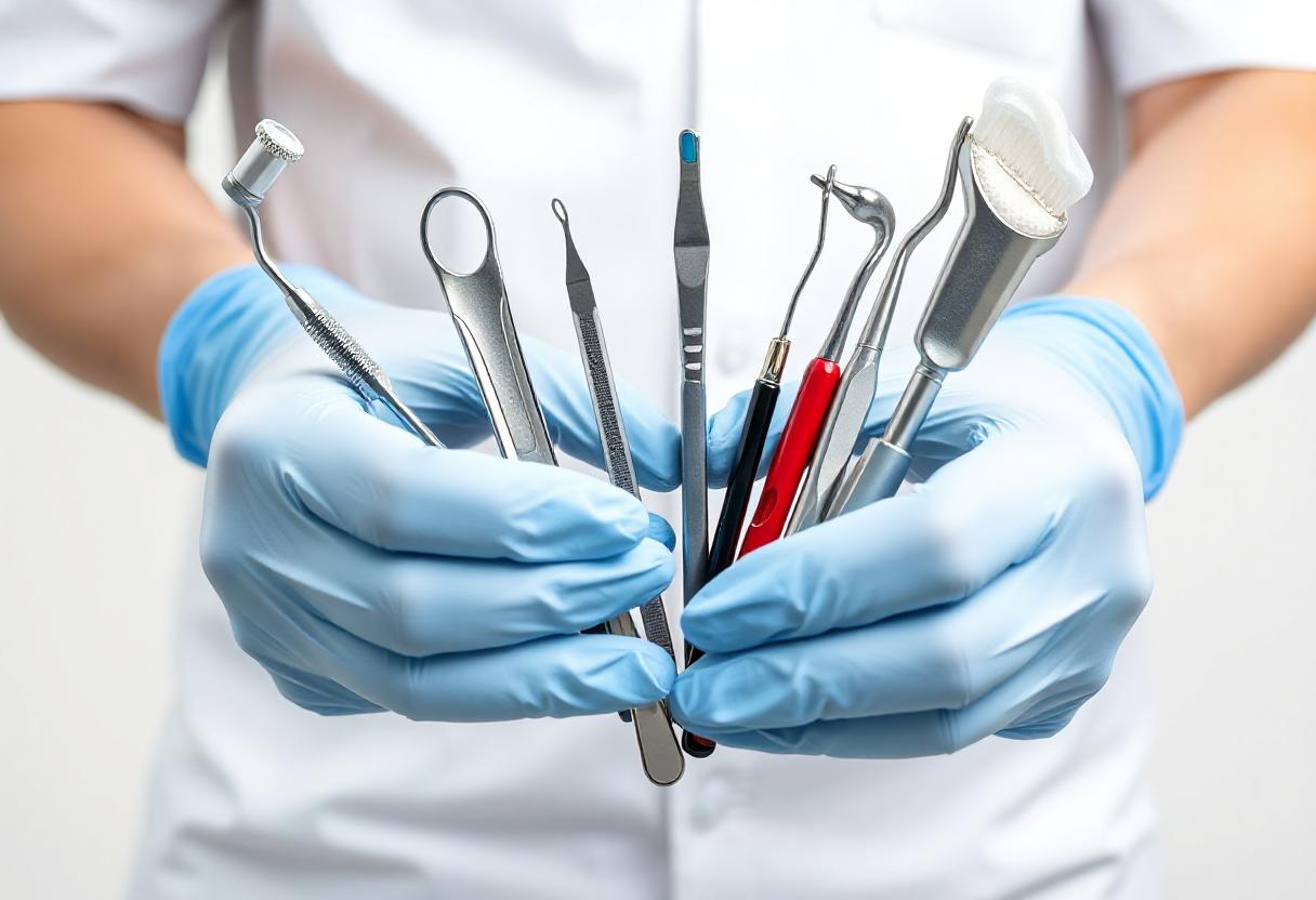 A dentist holds several dental tools in gloved hands A dentist holds several dental tools in gloved hands