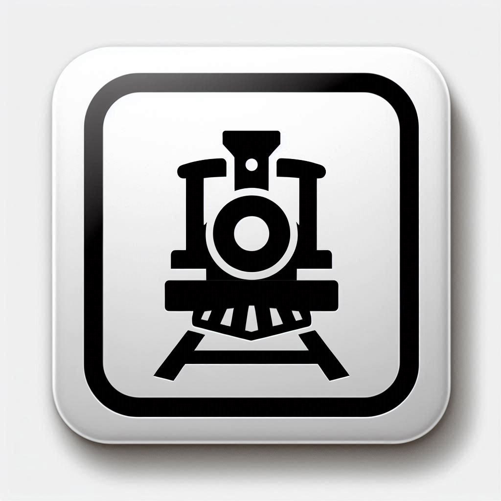 A black and white train icon on a white square A black and white train icon on a white square