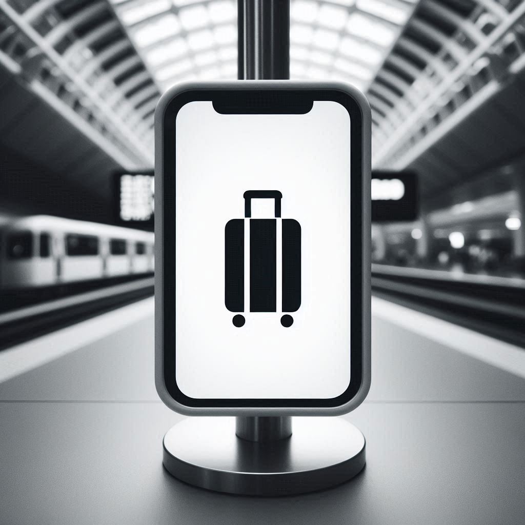 A luggage icon on a digital screen in a train station A luggage icon on a digital screen in a train station