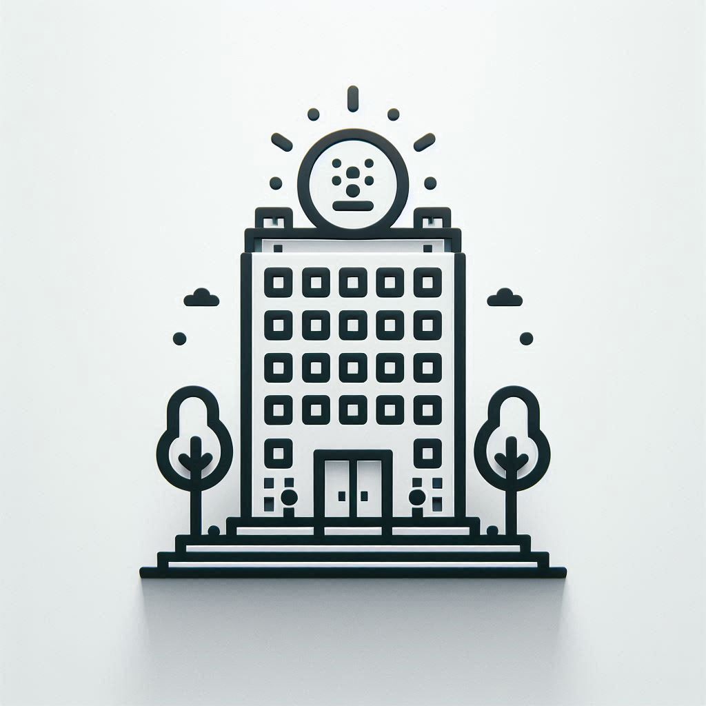 A line art drawing of a building with a sun on top A line art drawing of a building with a sun on top