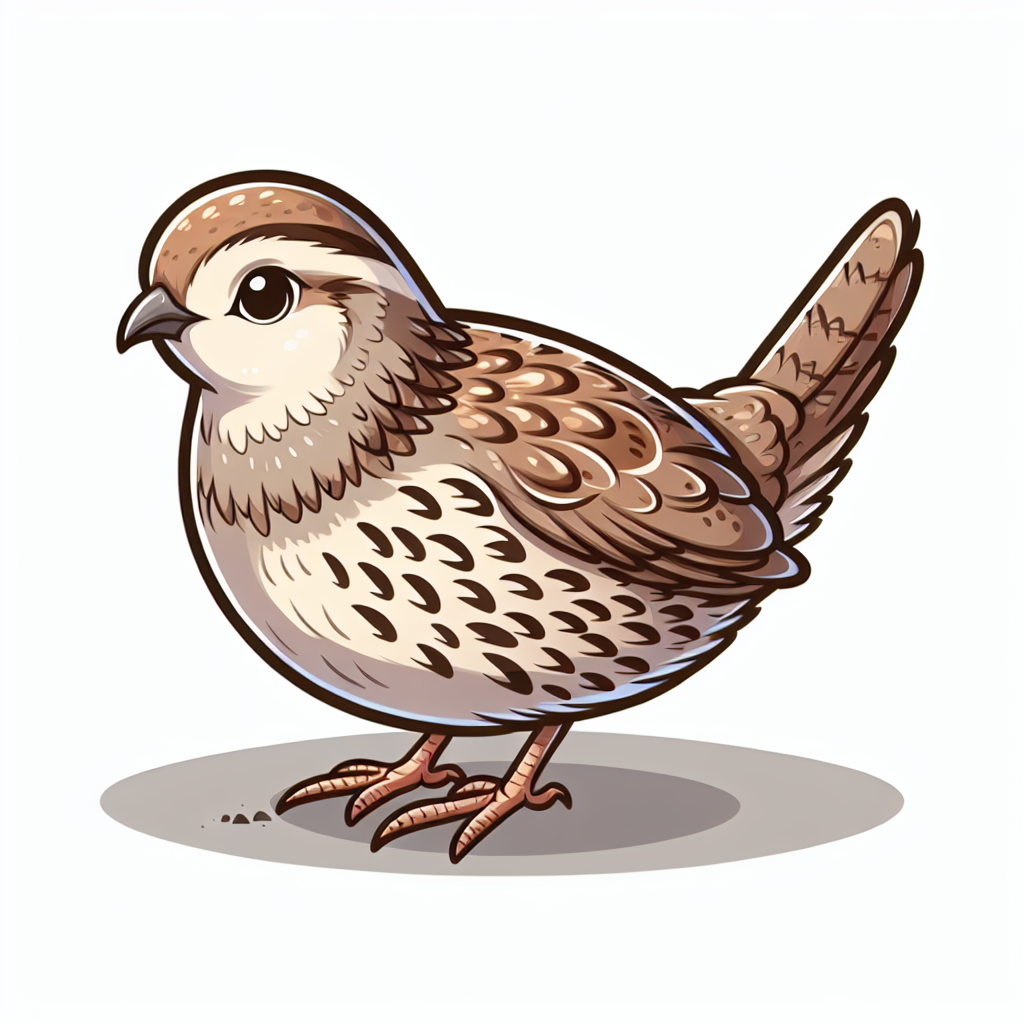 A brown and white quail stands on a gray surface A brown and white quail stands on a gray surface