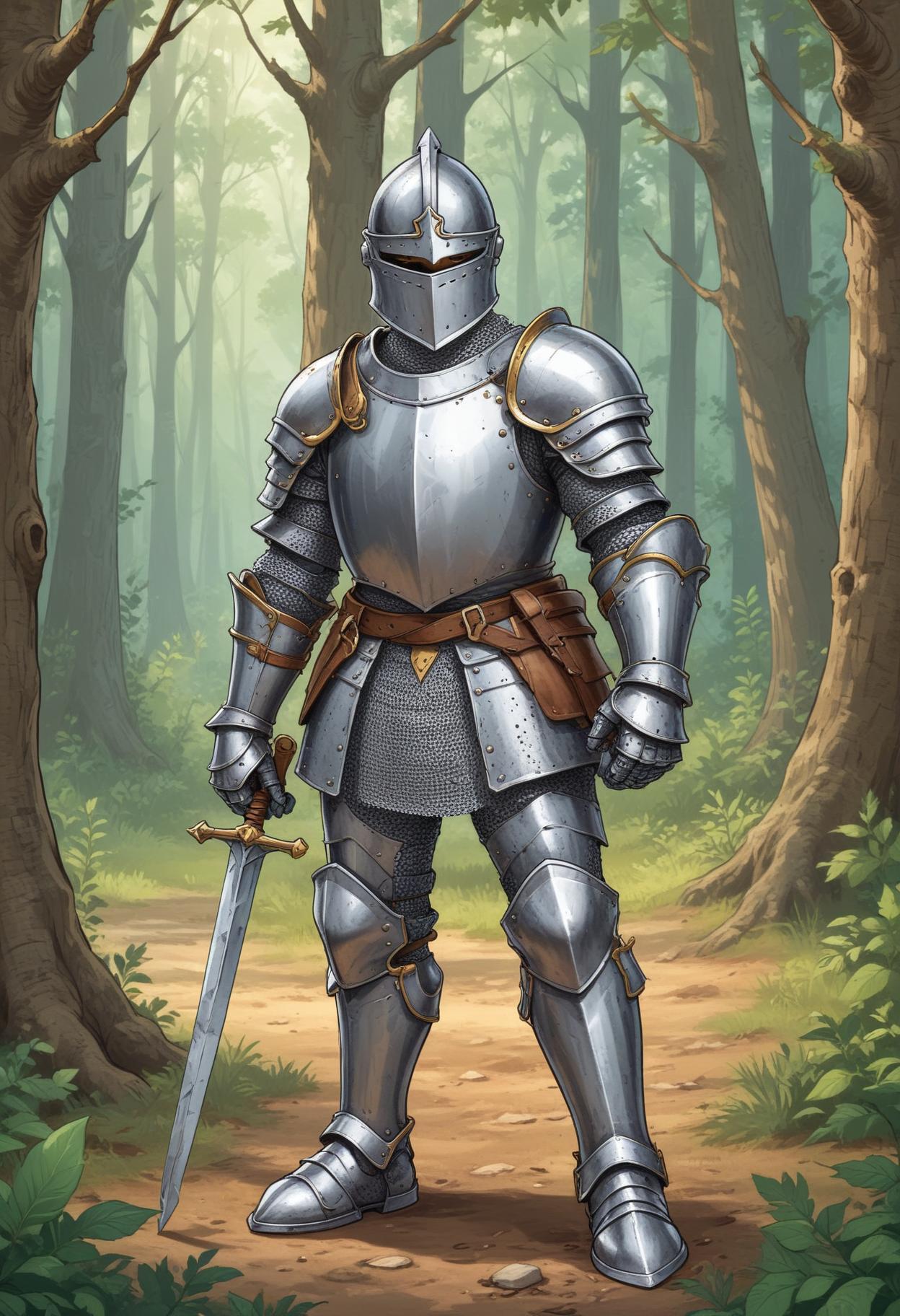 A knight stands in a forest, ready for battle A knight stands in a forest, ready for battle