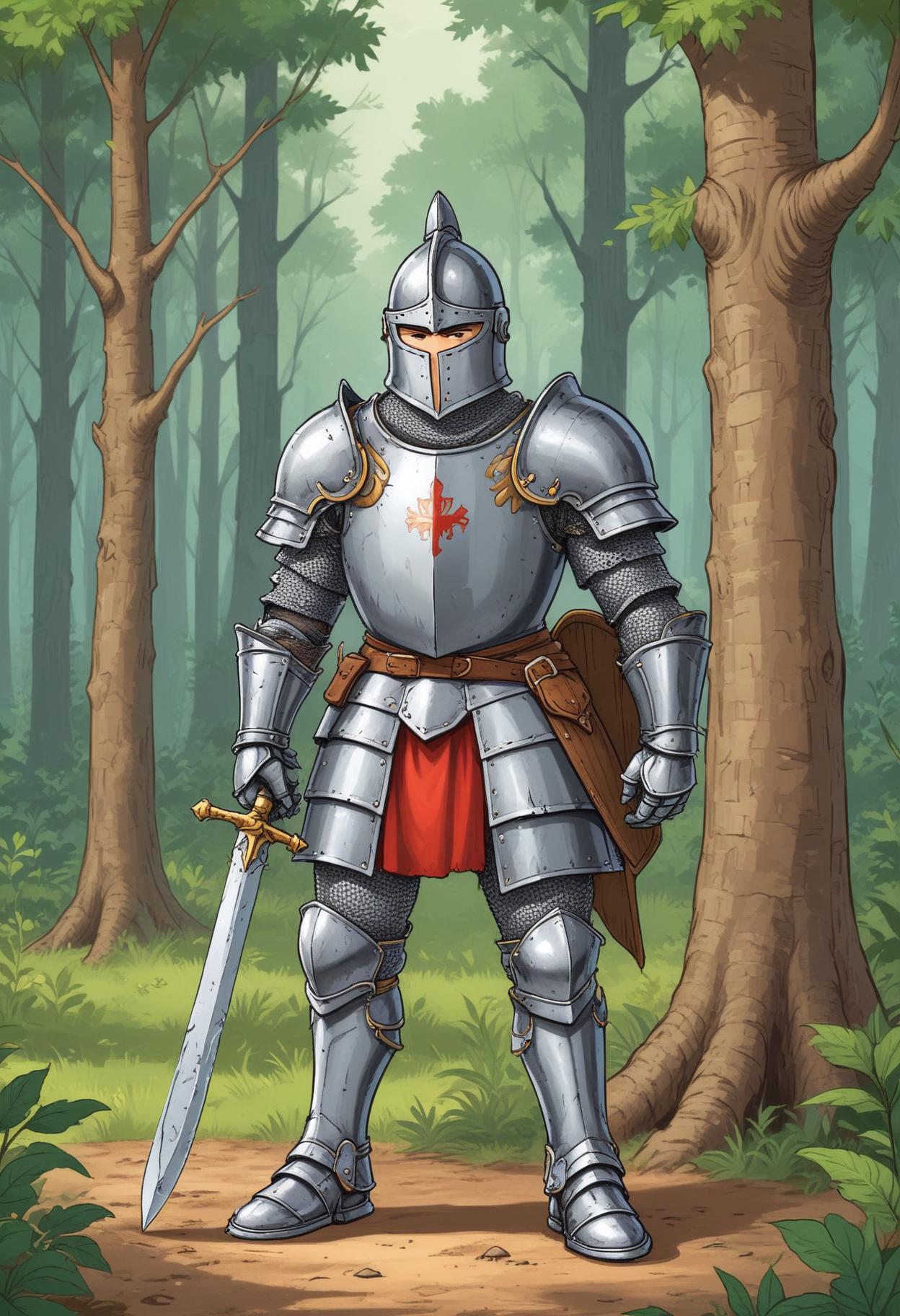 A knight stands in a forest, holding a sword A knight stands in a forest, holding a sword