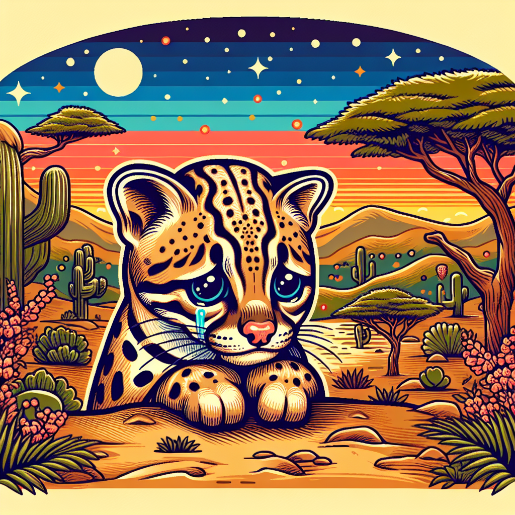 A sad ocelot sits in a desert landscape at night A sad ocelot sits in a desert landscape at night