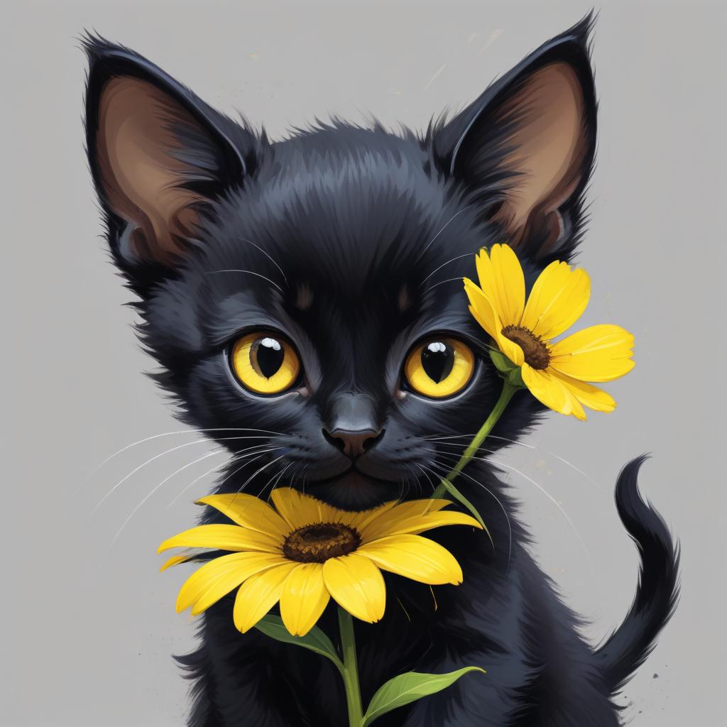 Black kitten with yellow eyes holds two flowers Black kitten with yellow eyes holds two flowers