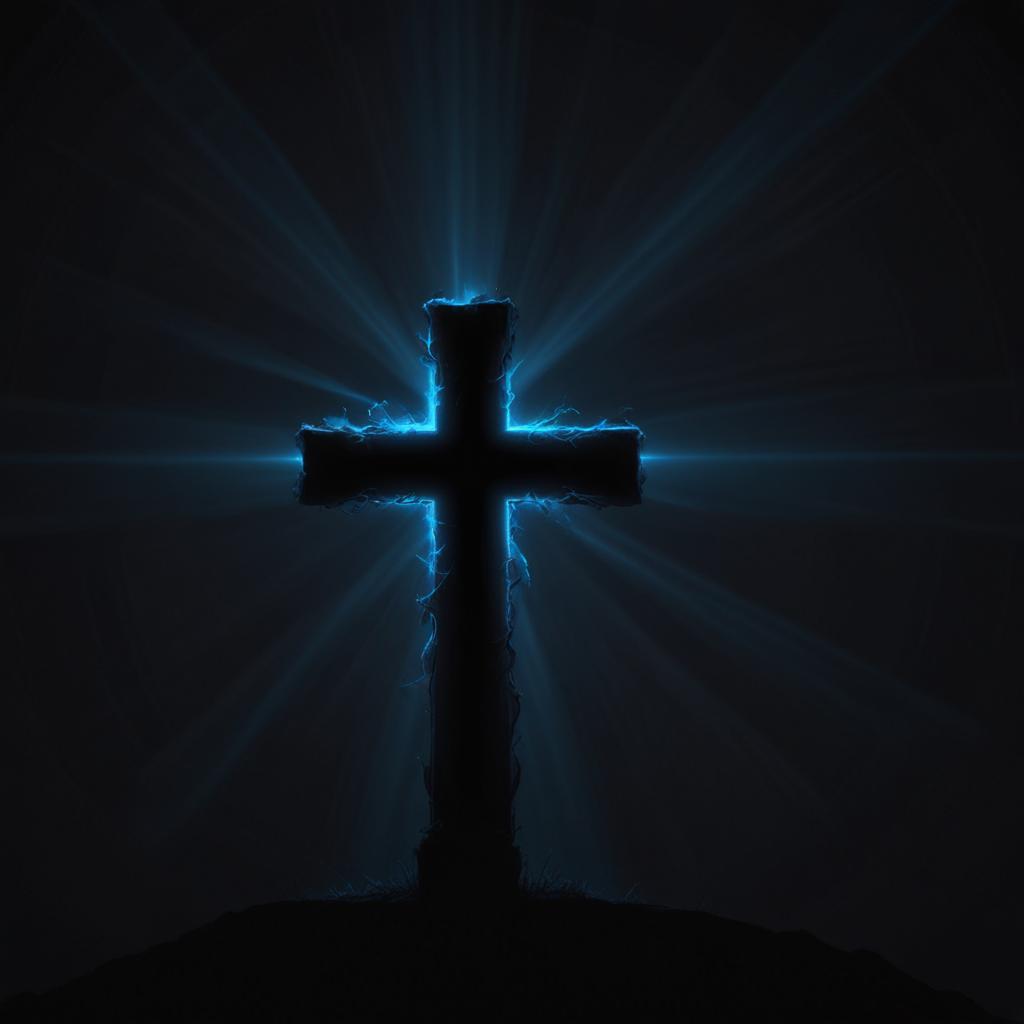 A blue light shines from a cross in the darkness A blue light shines from a cross in the darkness
