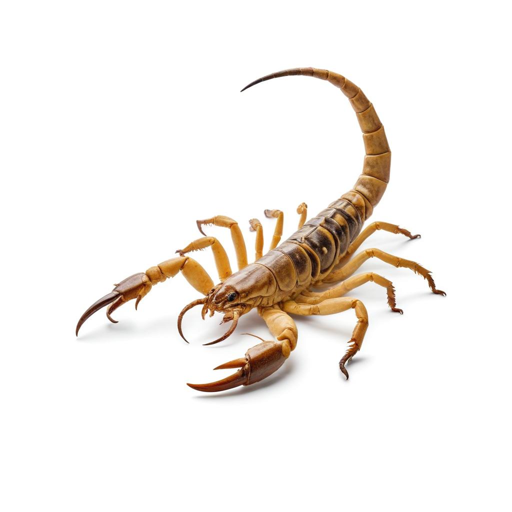 Brown scorpion with curled tail on white backdrop Brown scorpion with curled tail on white backdrop