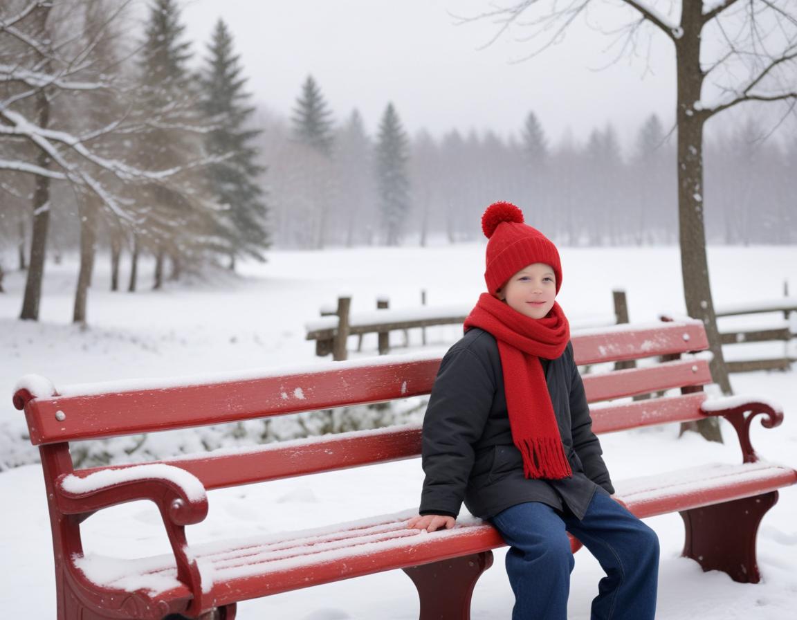 A boy sits on a red bench in a snowy park A boy sits on a red bench in a snowy park