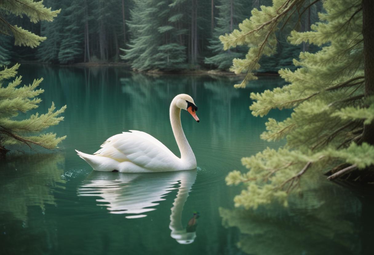 A swan glides on a calm lake by tall trees A swan glides on a calm lake by tall trees