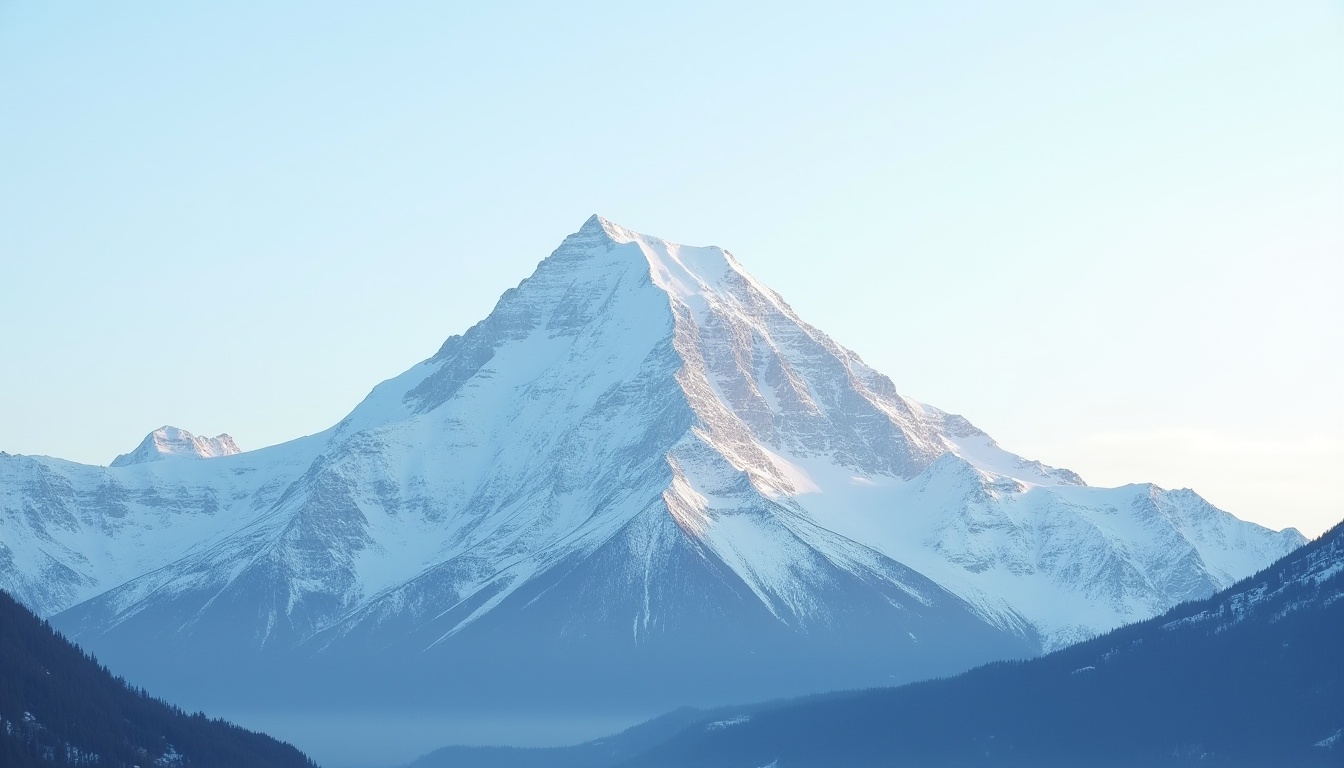 A snowy mountain peak stands tall against the blue sky A snowy mountain peak stands tall against the blue sky