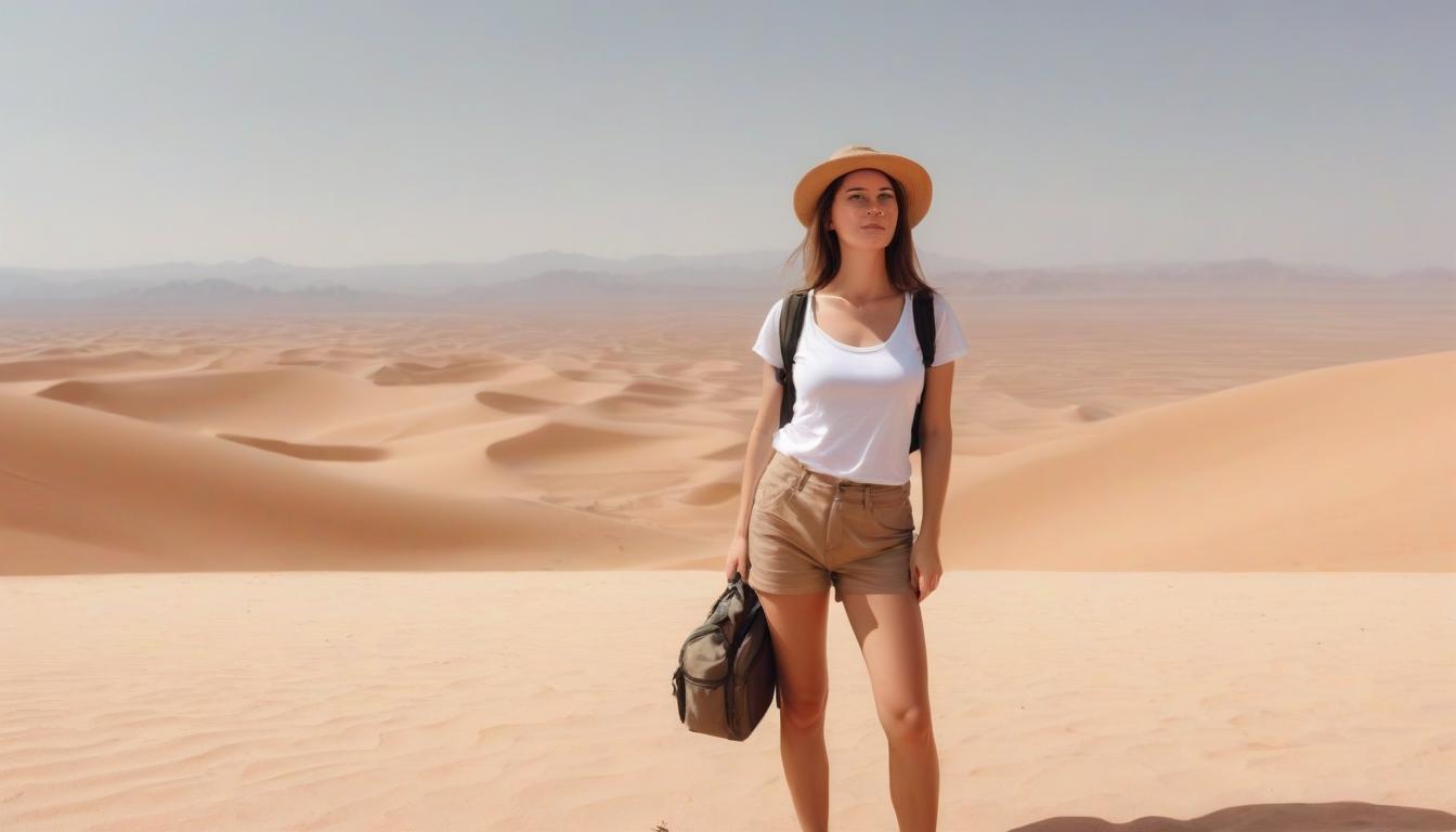 A woman walks through a desert landscape A woman walks through a desert landscape