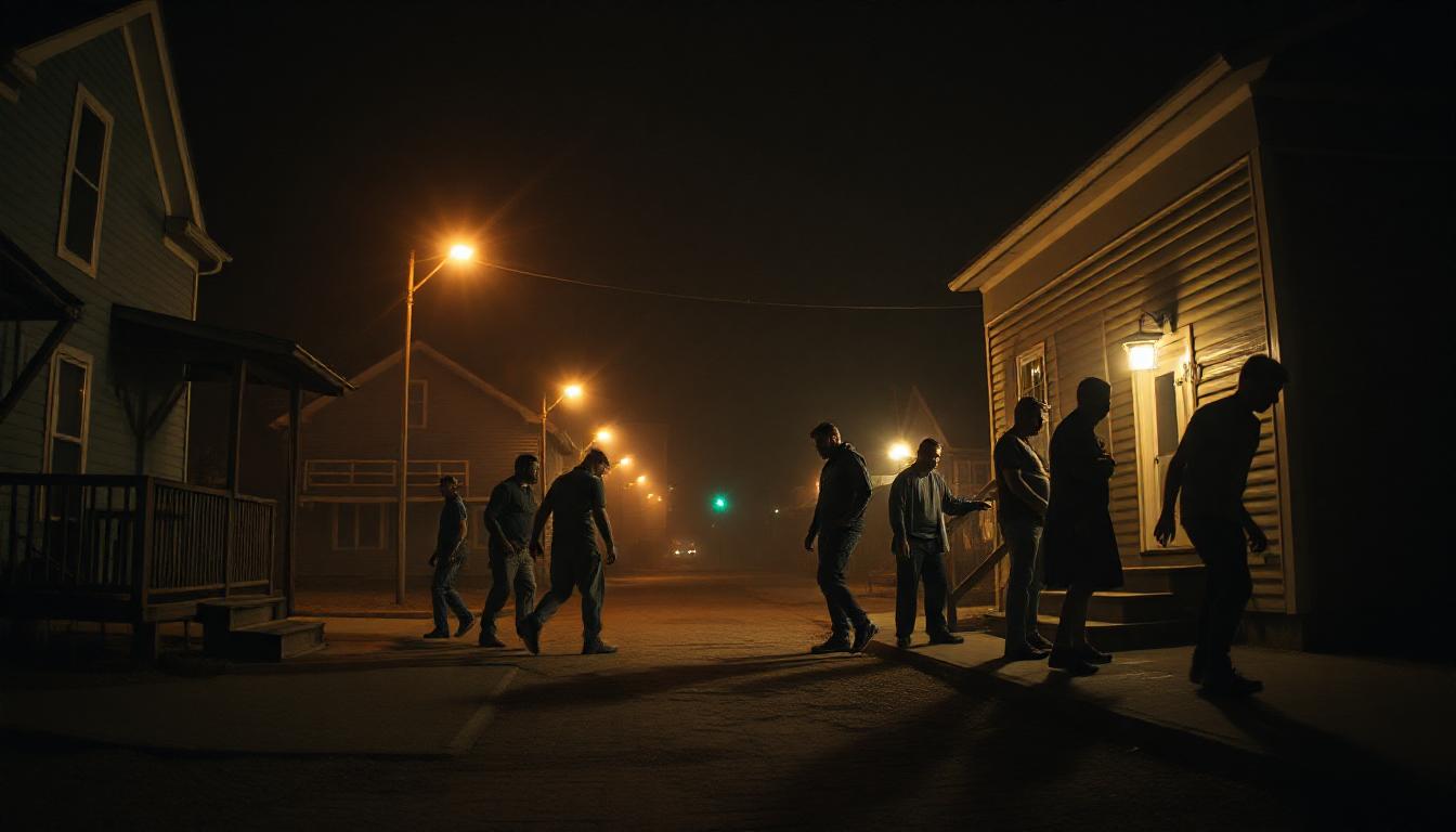 A group of people walk down a street at night A group of people walk down a street at night