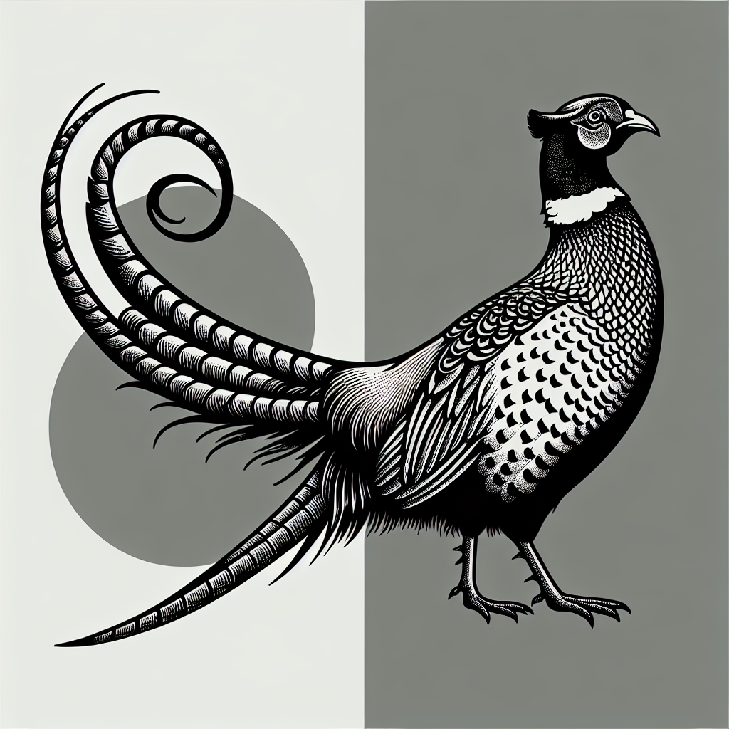 Black and white pheasant illustration with curled tail Black and white pheasant illustration with curled tail