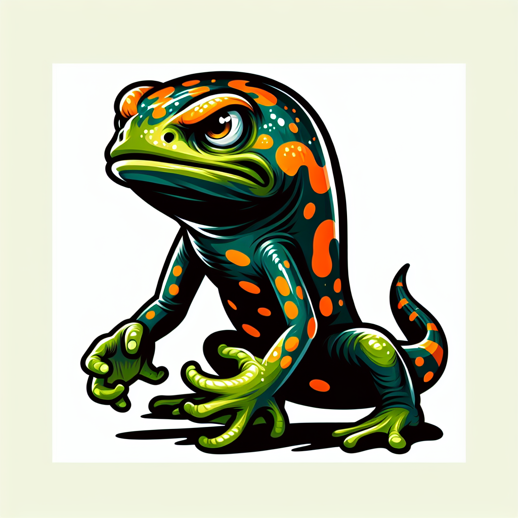 A green frog with orange spots sits with an angry expression A green frog with orange spots sits with an angry expression