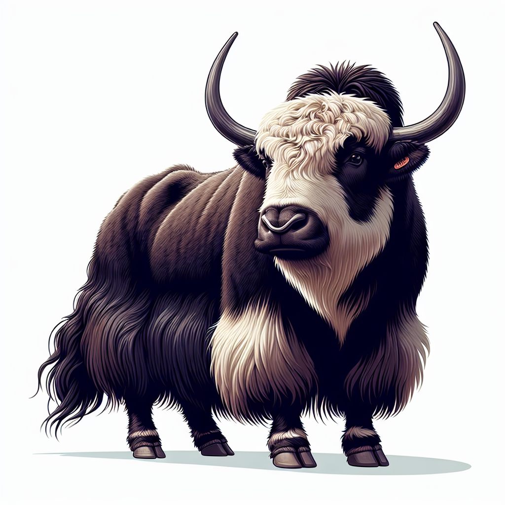 A black and white yak stands against a white background A black and white yak stands against a white background