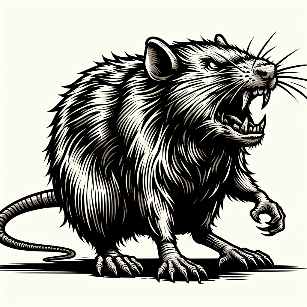 A black and white illustration of a snarling rat A black and white illustration of a snarling rat