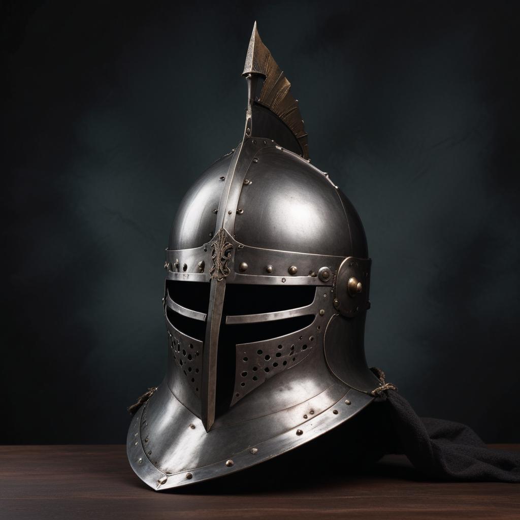 A medieval knight's helmet sits on a wooden table A medieval knight's helmet sits on a wooden table