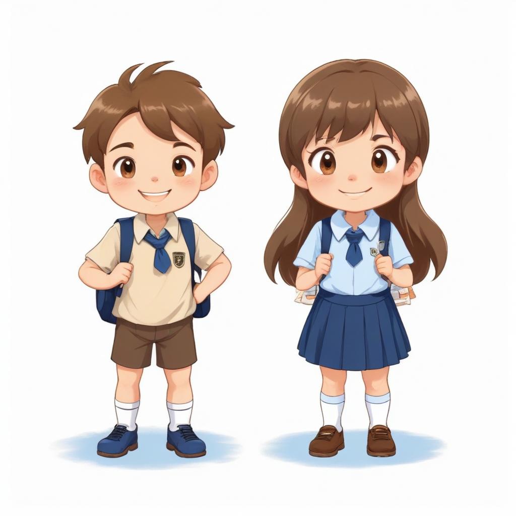 A boy and girl in school uniforms stand ready for class