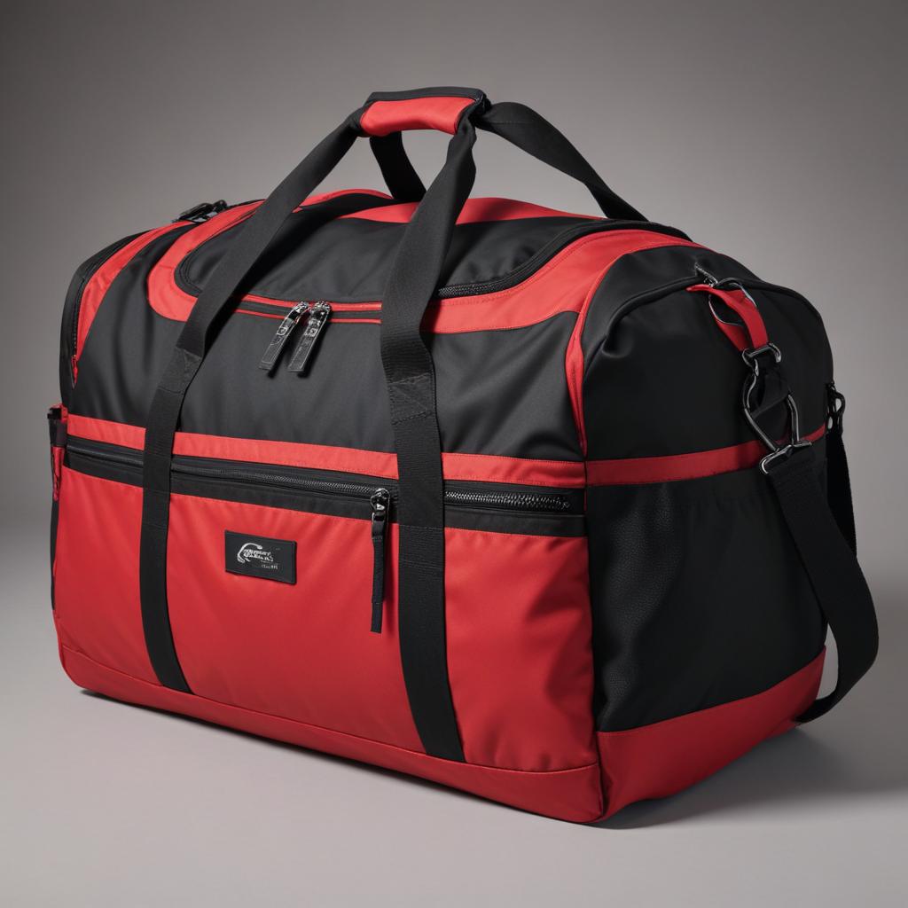 A red and black duffel bag sits on a gray surface A red and black duffel bag sits on a gray surface