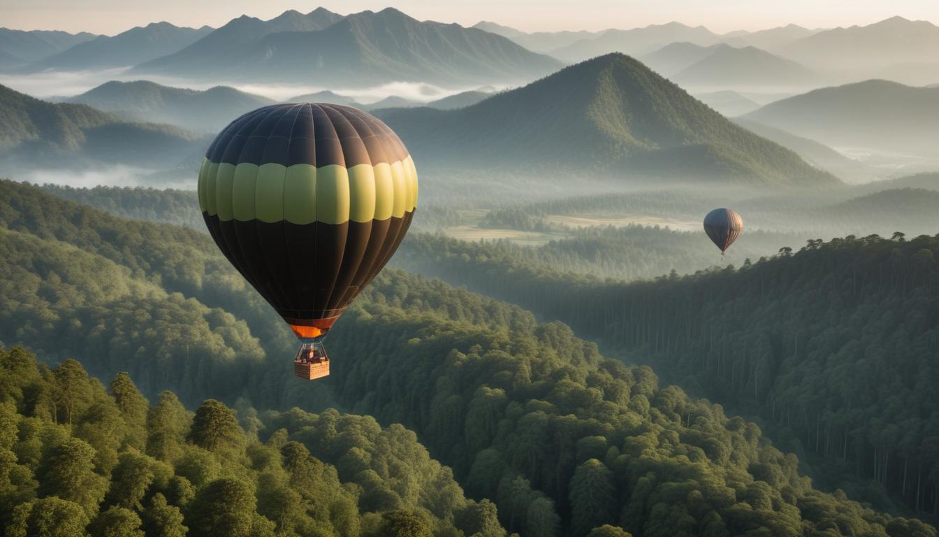 A hot air balloon floats above a misty valley A hot air balloon floats above a misty valley