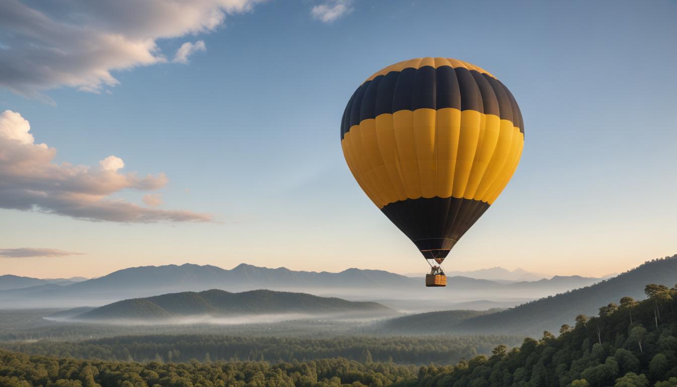 A hot air balloon floats over the mountains A hot air balloon floats over the mountains
