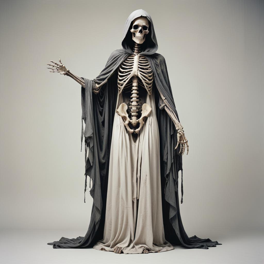 A skeletal figure stands in a long robe A skeletal figure stands in a long robe