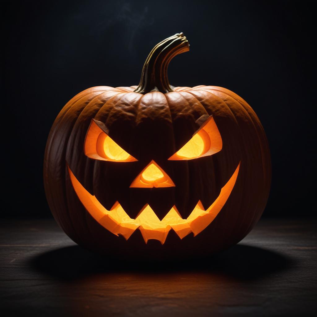 A lit jack-o'-lantern with a scary grin A lit jack-o'-lantern with a scary grin