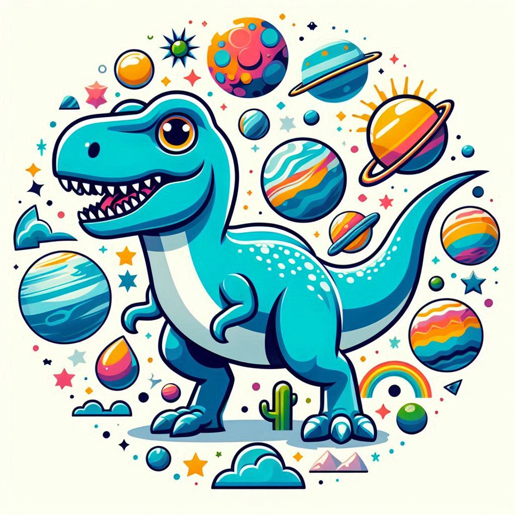 A blue dinosaur stands among planets and stars A blue dinosaur stands among planets and stars