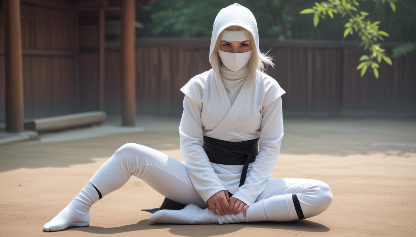 A woman in a white ninja suit sits in a meditative pose A woman in a white ninja suit sits in a meditative pose