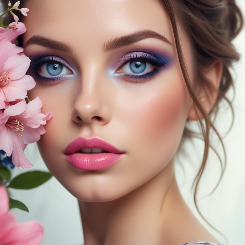 Woman with blue eyes poses with pink flower Woman with blue eyes poses with pink flower