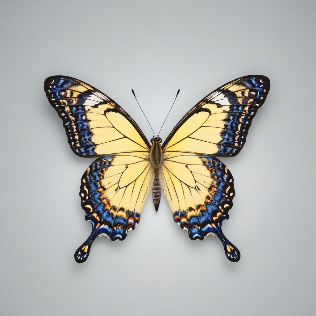 Yellow butterfly with blue-black markings on gray Yellow butterfly with blue-black markings on gray