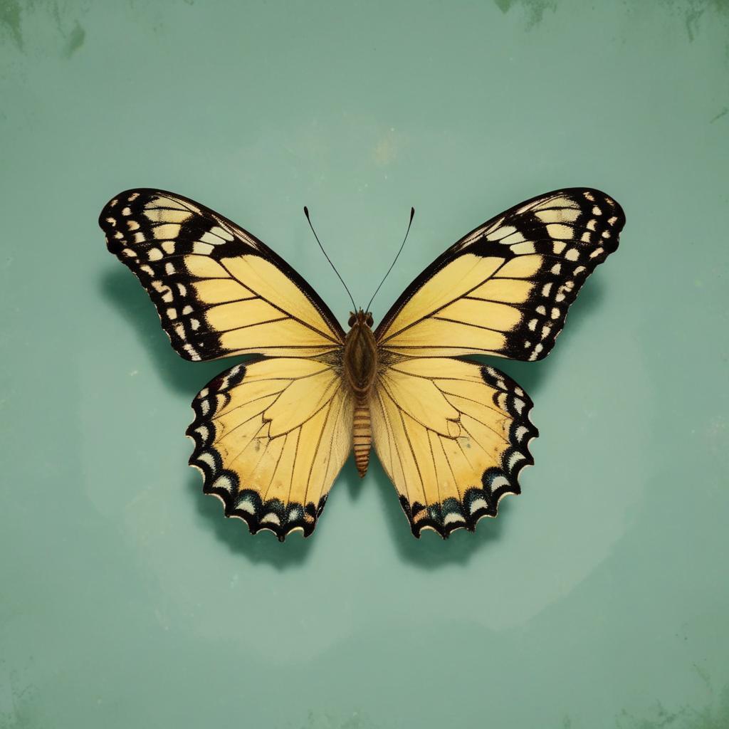 A yellow butterfly with black on green A yellow butterfly with black on green