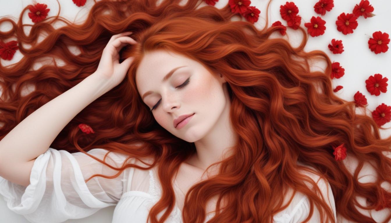 A woman with long red hair sleeps surrounded by red flowers A woman with long red hair sleeps surrounded by red flowers