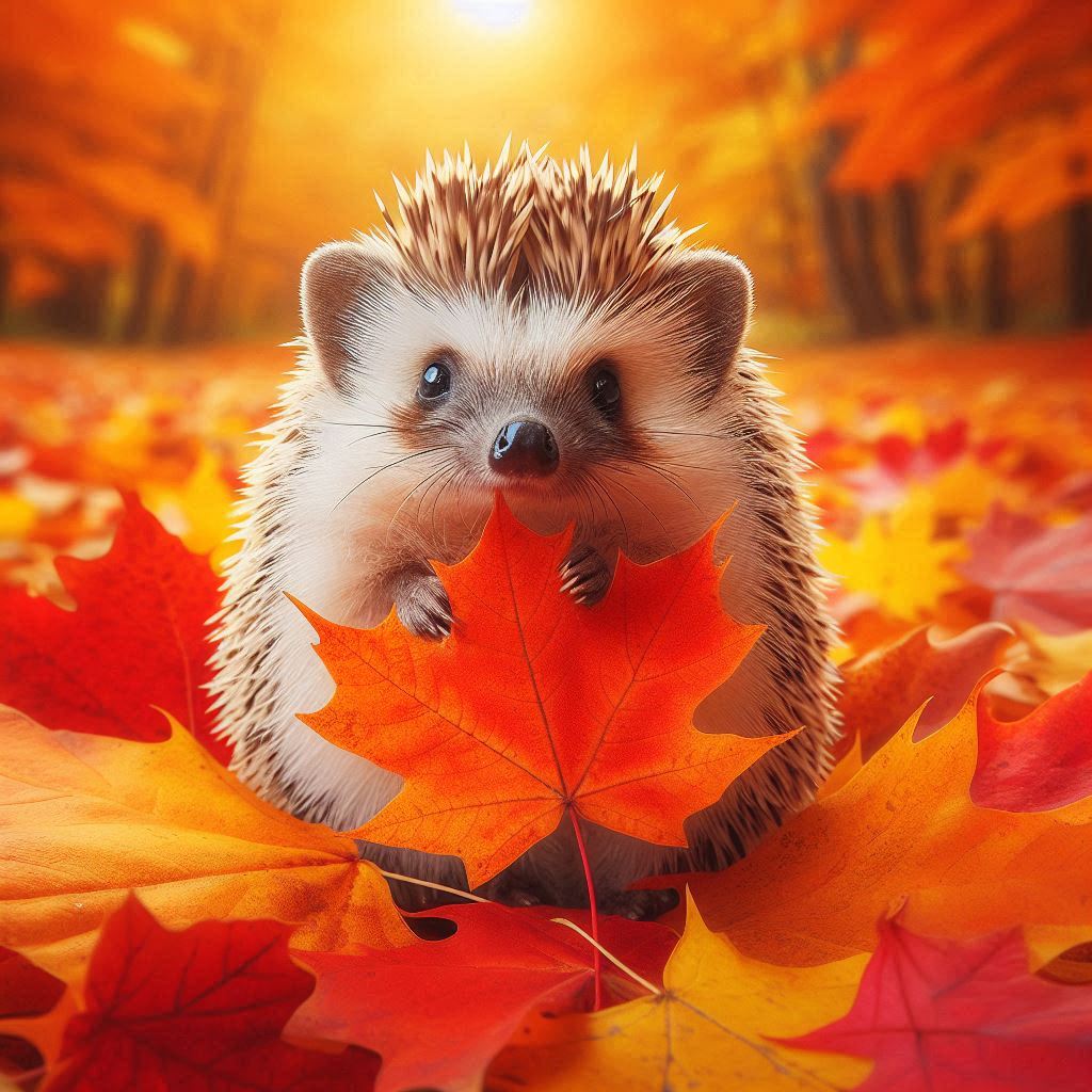 A hedgehog holds a red leaf in a forest during autumn A hedgehog holds a red leaf in a forest during autumn