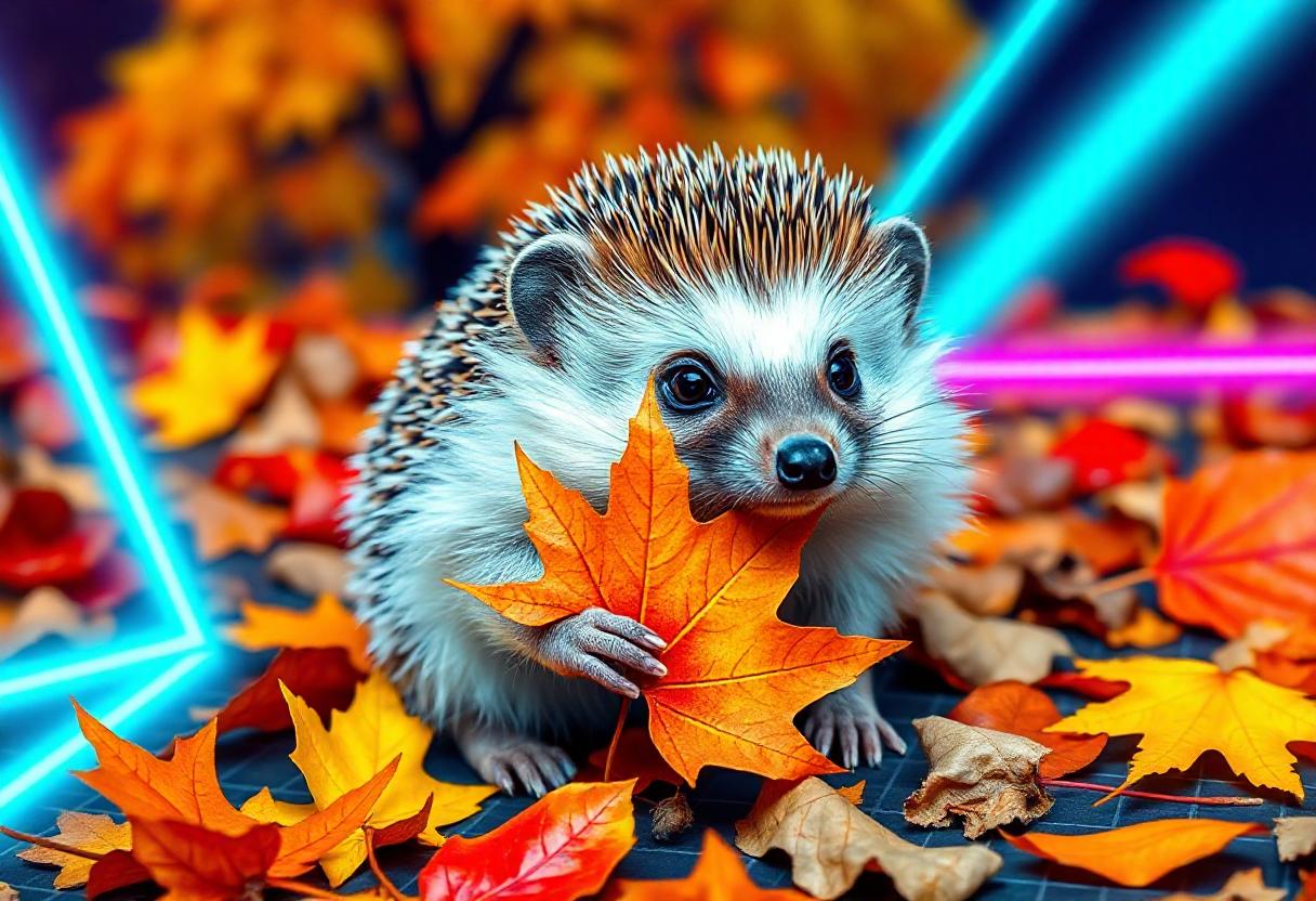 A hedgehog holds a leaf in autumn A hedgehog holds a leaf in autumn