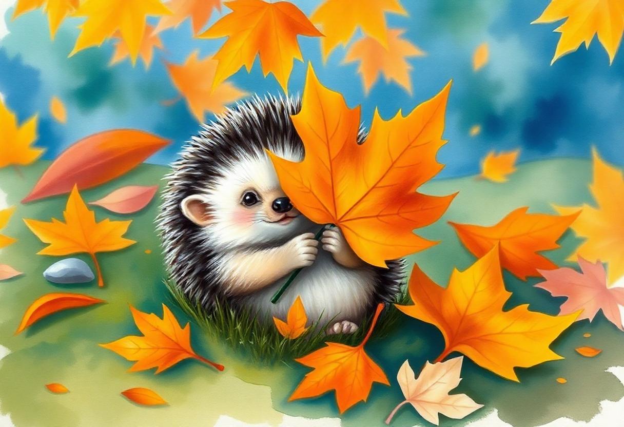 A cute hedgehog holds a large leaf in the autumn wind A cute hedgehog holds a large leaf in the autumn wind