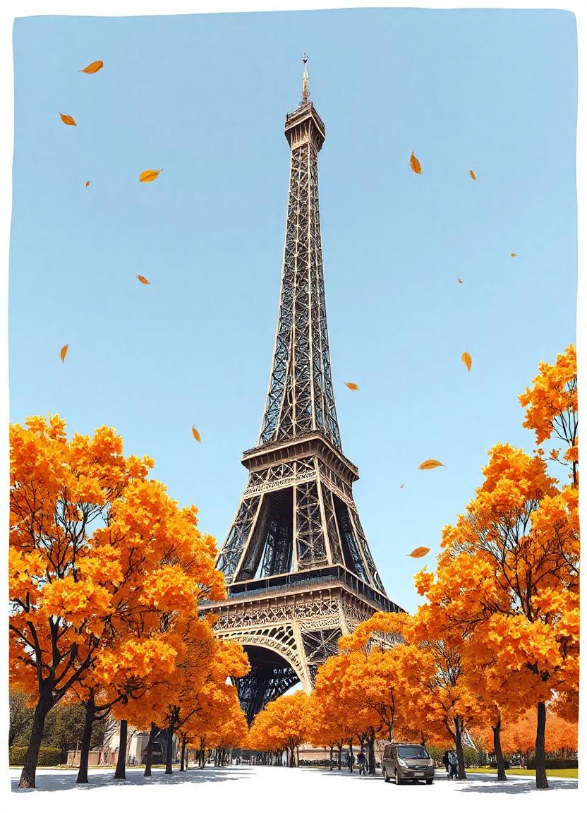 Eiffel tower towers in paris, leaves swirl in fall Eiffel tower towers in paris, leaves swirl in fall