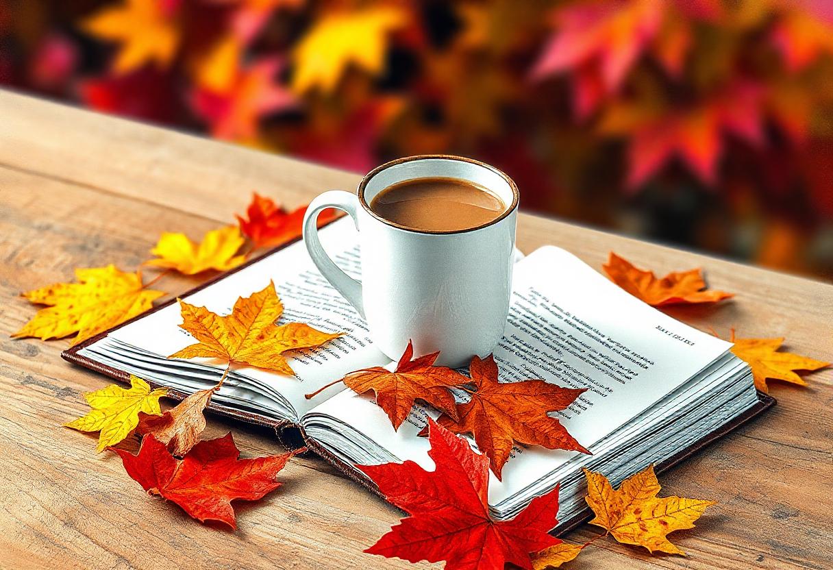 Coffee rests on an open book amidst autumn leaves Coffee rests on an open book amidst autumn leaves