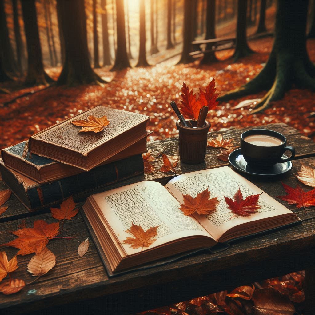 A wooden table sits in a forest during autumn A wooden table sits in a forest during autumn