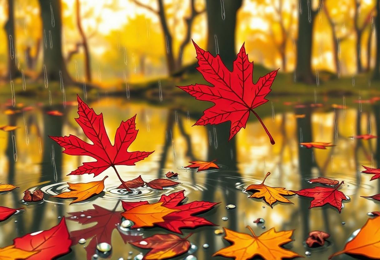 Autumn leaves fall into a pond during a light rain Autumn leaves fall into a pond during a light rain