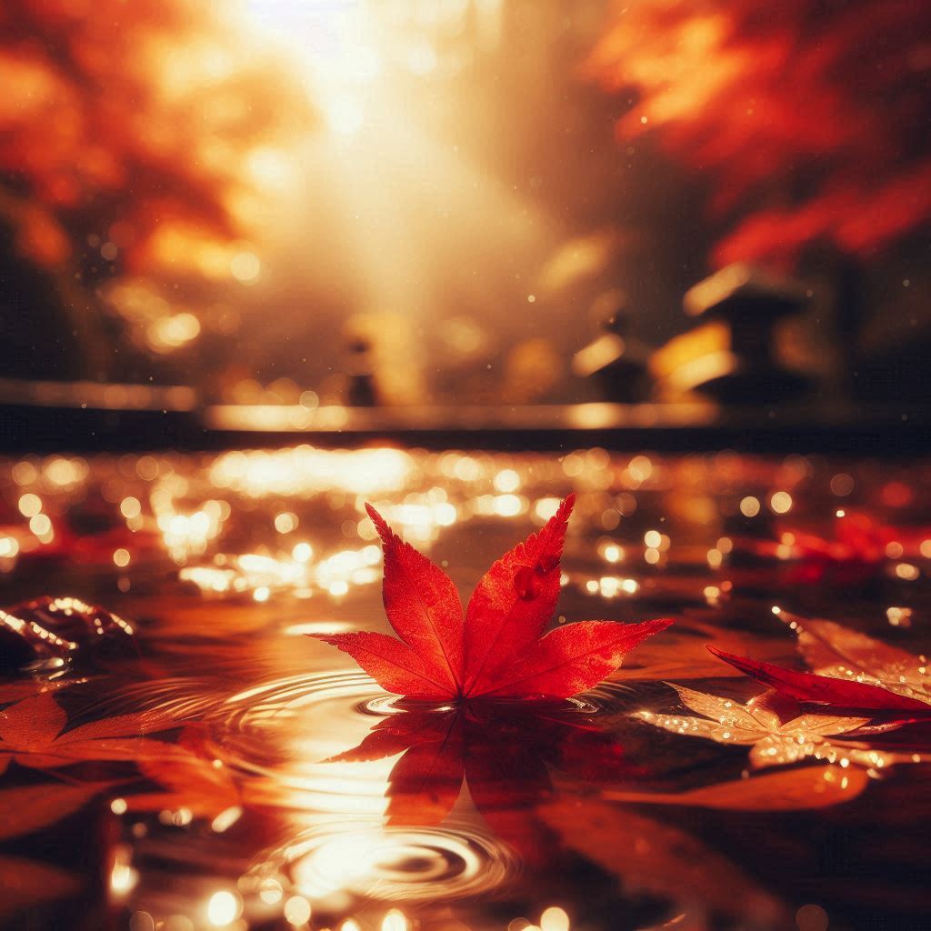 A red maple leaf floats on a pond in the autumn sunlight A red maple leaf floats on a pond in the autumn sunlight