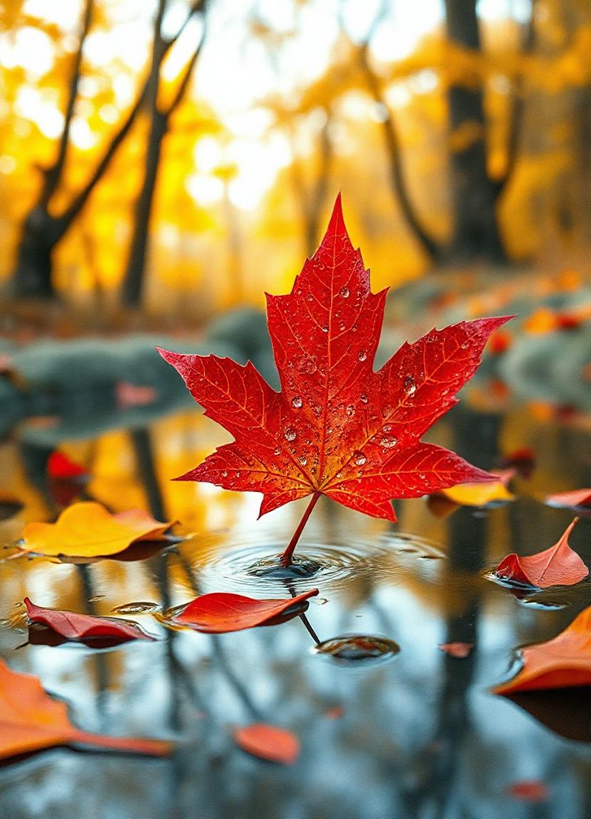 Red maple leaf in a puddle of fall leaves Red maple leaf in a puddle of fall leaves