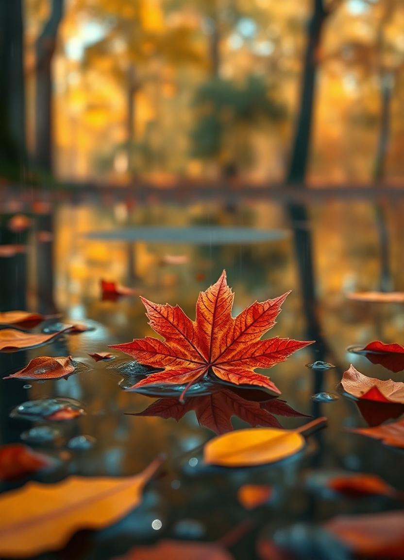 A red leaf floats in a puddle of fallen leaves A red leaf floats in a puddle of fallen leaves