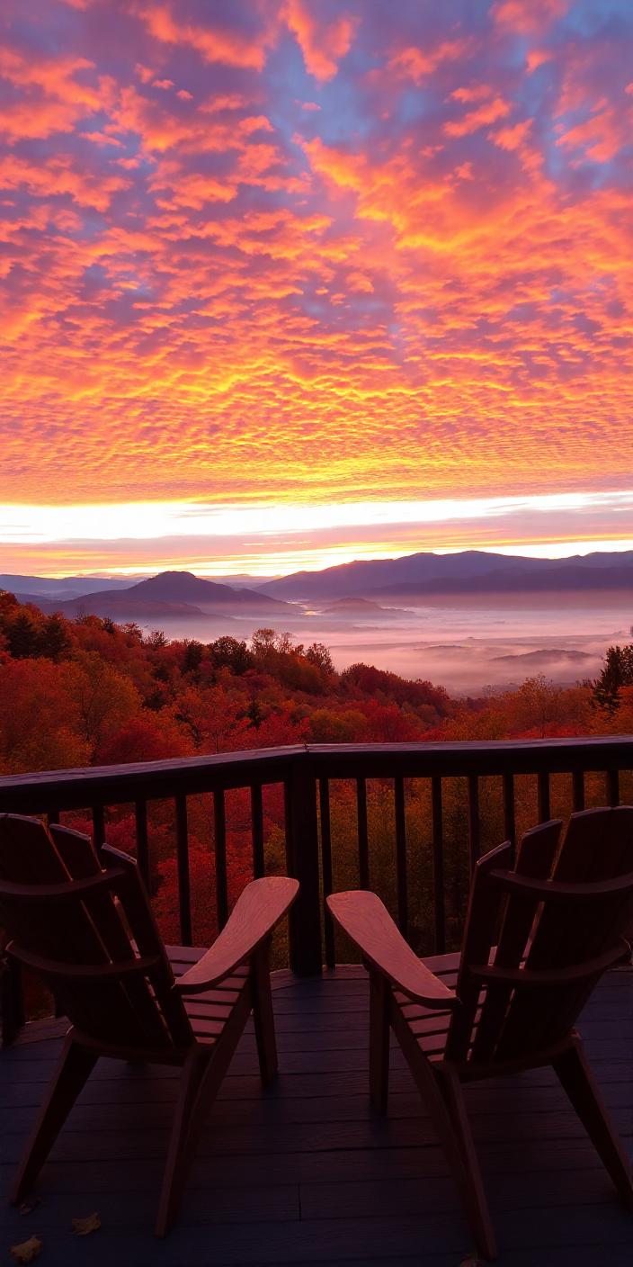 Two chairs on a deck view a sunrise in the mountains Two chairs on a deck view a sunrise in the mountains