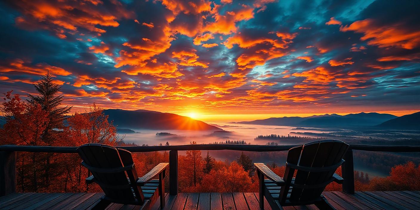 Two chairs on a deck overlooking a valley sunrise Two chairs on a deck overlooking a valley sunrise