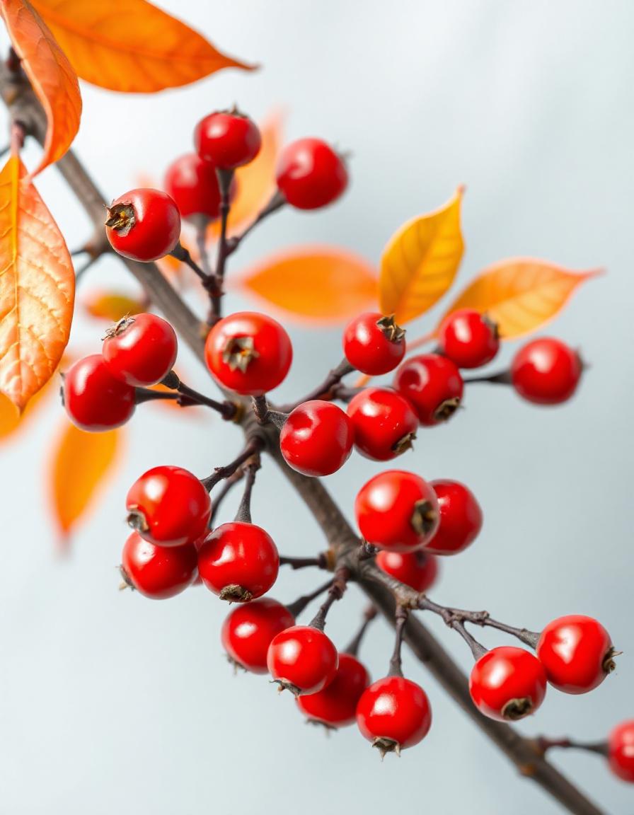 Red berries on a branch with orange leaves Red berries on a branch with orange leaves