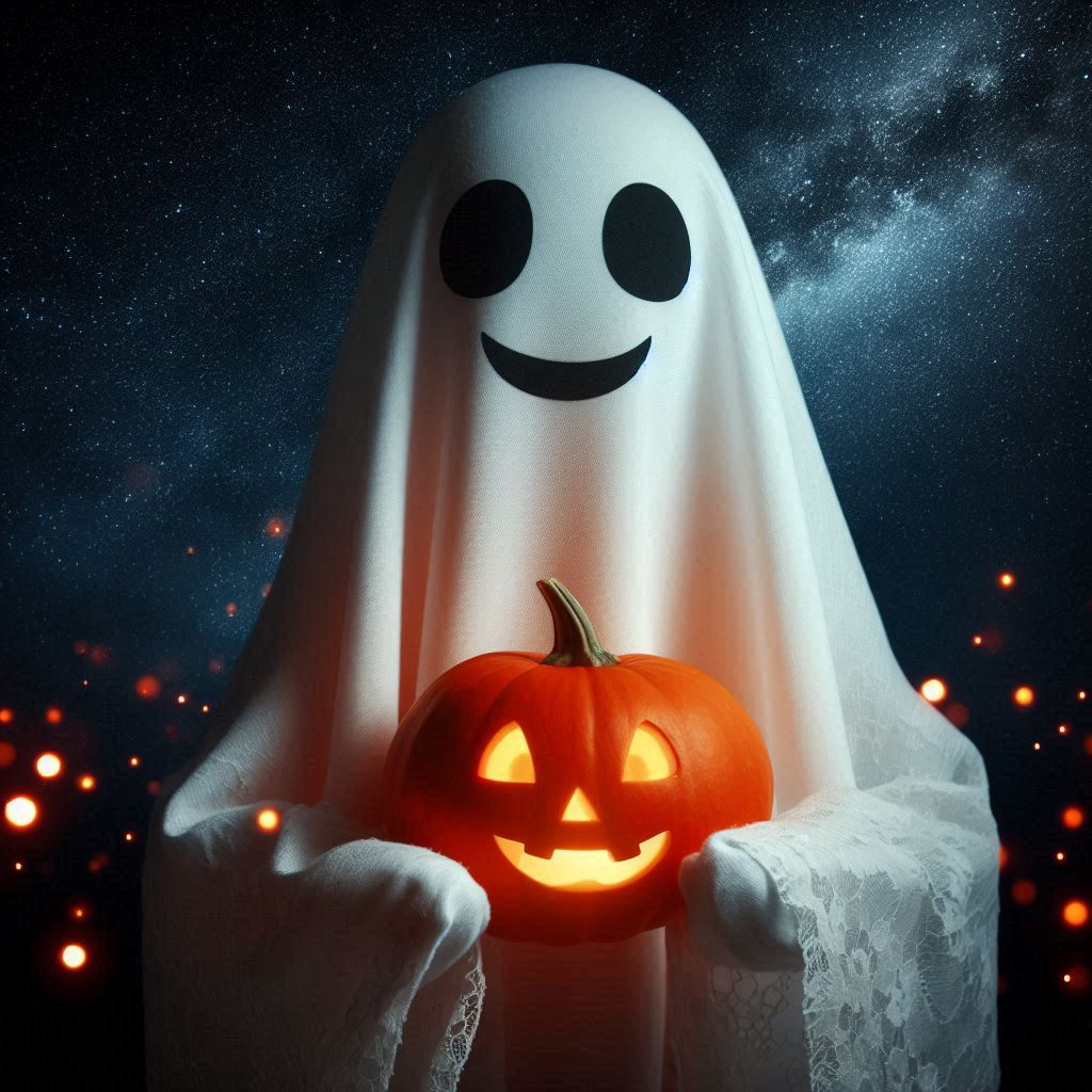 Ghost with a jack-o'-lantern under starry sky Ghost with a jack-o'-lantern under starry sky