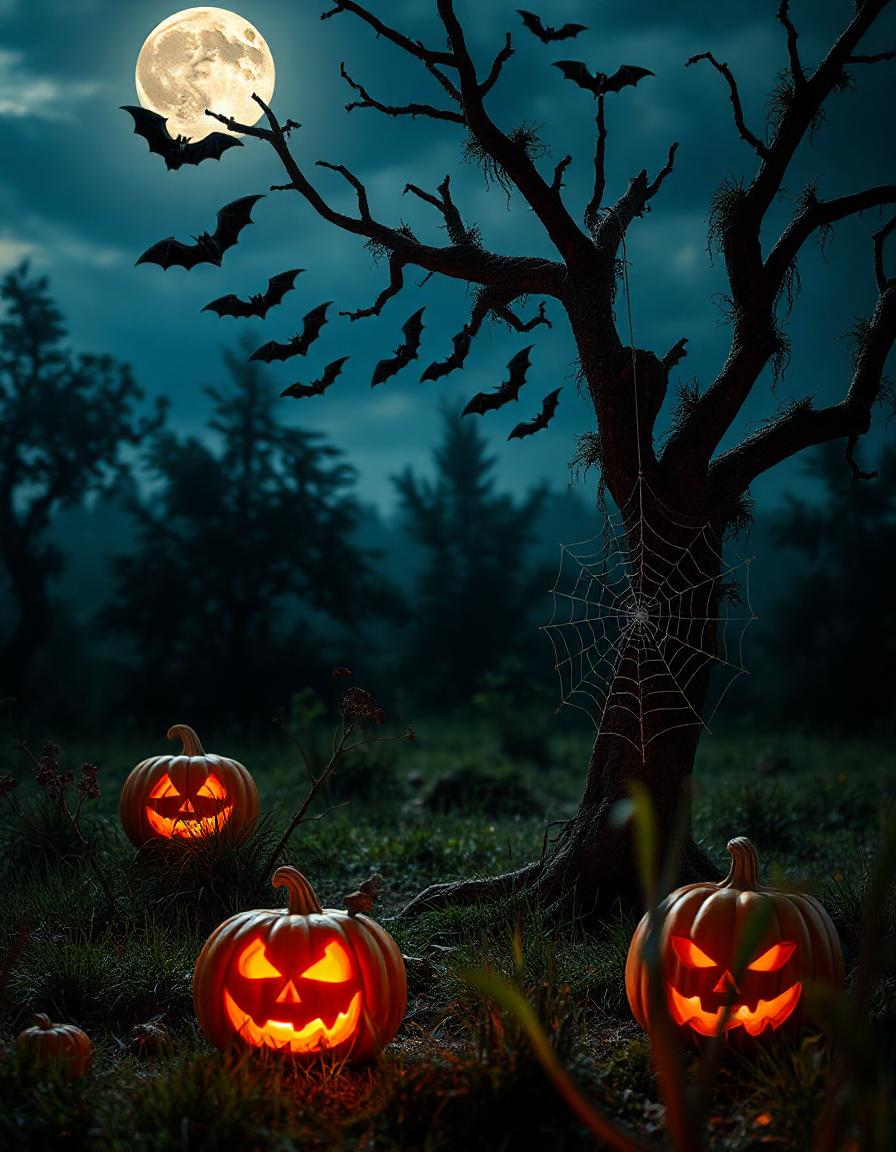 Jack-o'-lanterns glow under a full moon in the woods Jack-o'-lanterns glow under a full moon in the woods